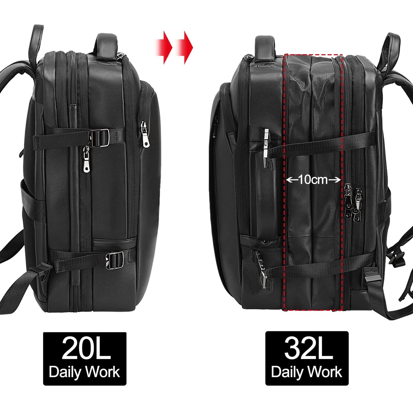 Mochila de cuero para hombre para portátil de 15.6 pulgadas, expandible de 36 L, mochila de viaje de negocios, mochila de transporte escolar, bolsa de fin de semana, Negro -, L, Mochilas Daypack