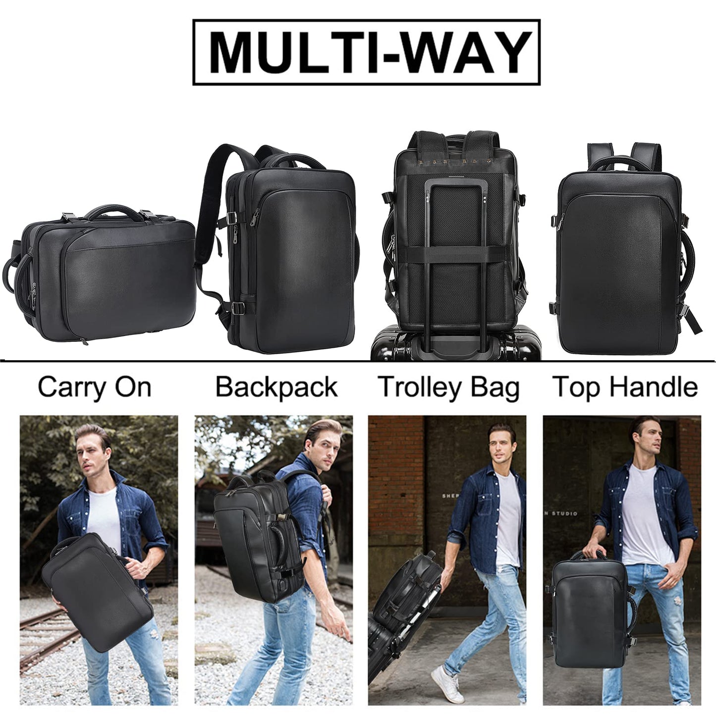 Mochila de cuero para hombre para portátil de 15.6 pulgadas, expandible de 36 L, mochila de viaje de negocios, mochila de transporte escolar, bolsa de fin de semana, Negro -, L, Mochilas Daypack