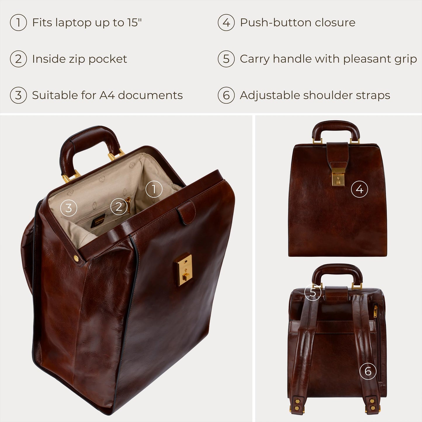 Time Resistance Mochila de Cuero - Mochila de Negocios para Portátiles de hasta 15” - Urbana Estilosa para Hombres y Mujeres - Bolsa de Viaje Unisex de Mano (Marrón)