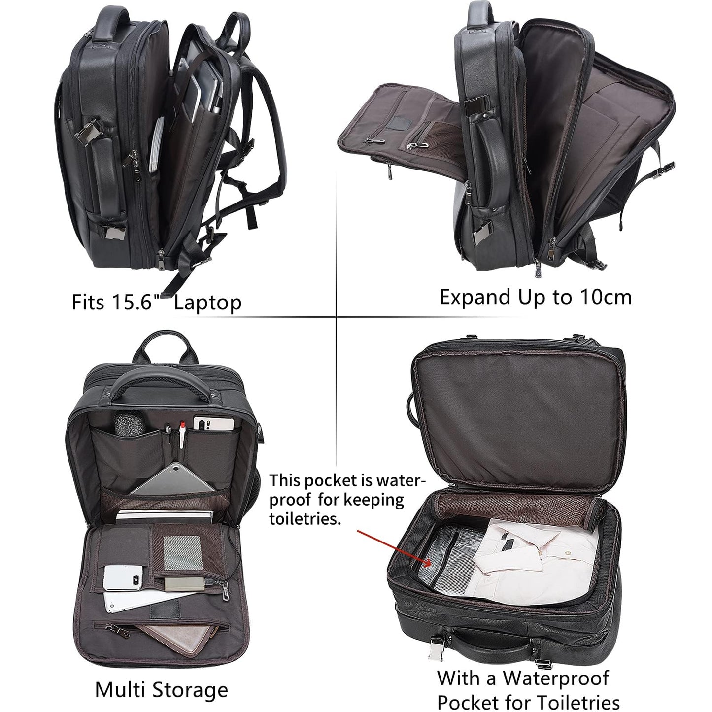 Mochila de cuero para hombre para portátil de 15.6 pulgadas, expandible de 36 L, mochila de viaje de negocios, mochila de transporte escolar, bolsa de fin de semana, Negro -, L, Mochilas Daypack