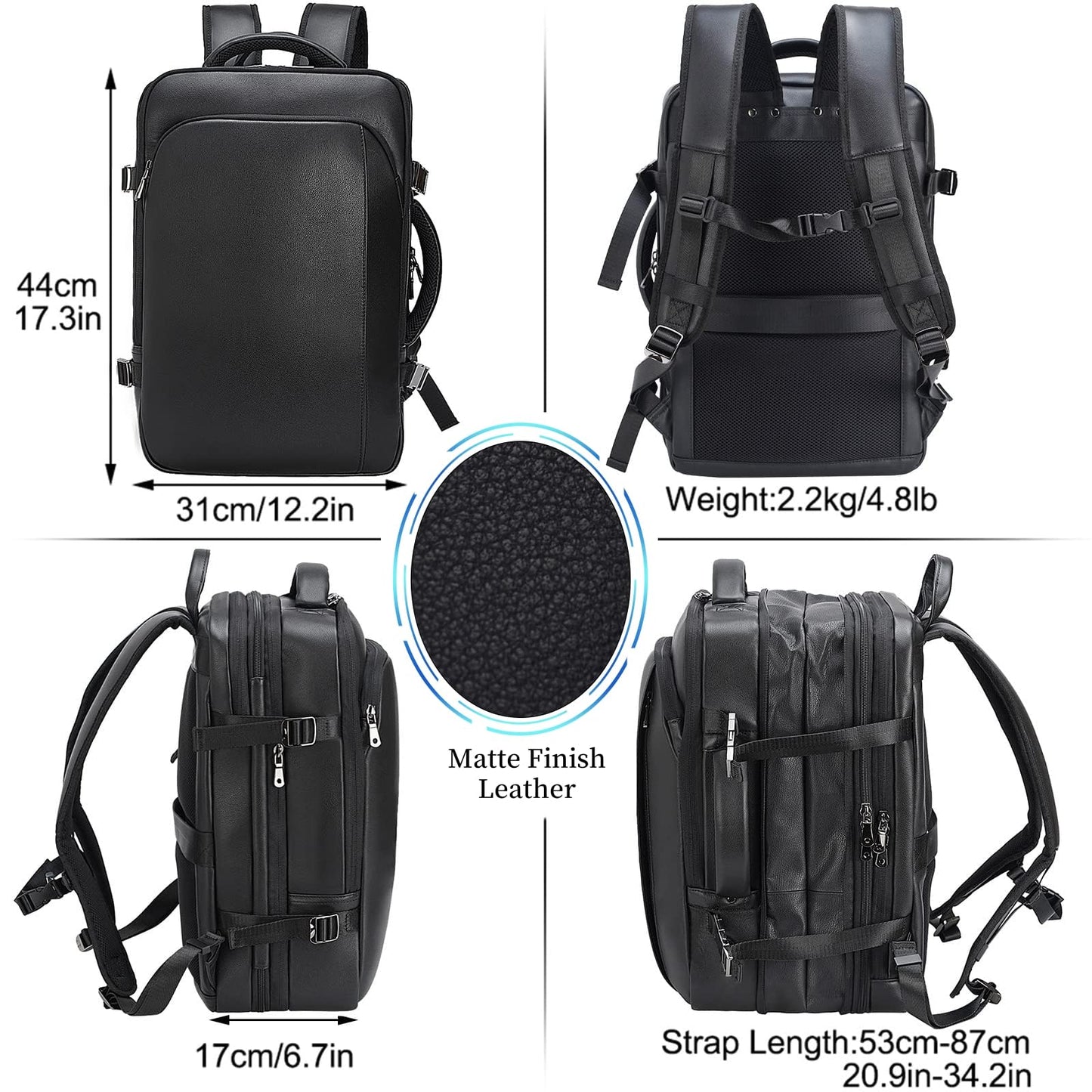 Mochila de cuero para hombre para portátil de 15.6 pulgadas, expandible de 36 L, mochila de viaje de negocios, mochila de transporte escolar, bolsa de fin de semana, Negro -, L, Mochilas Daypack
