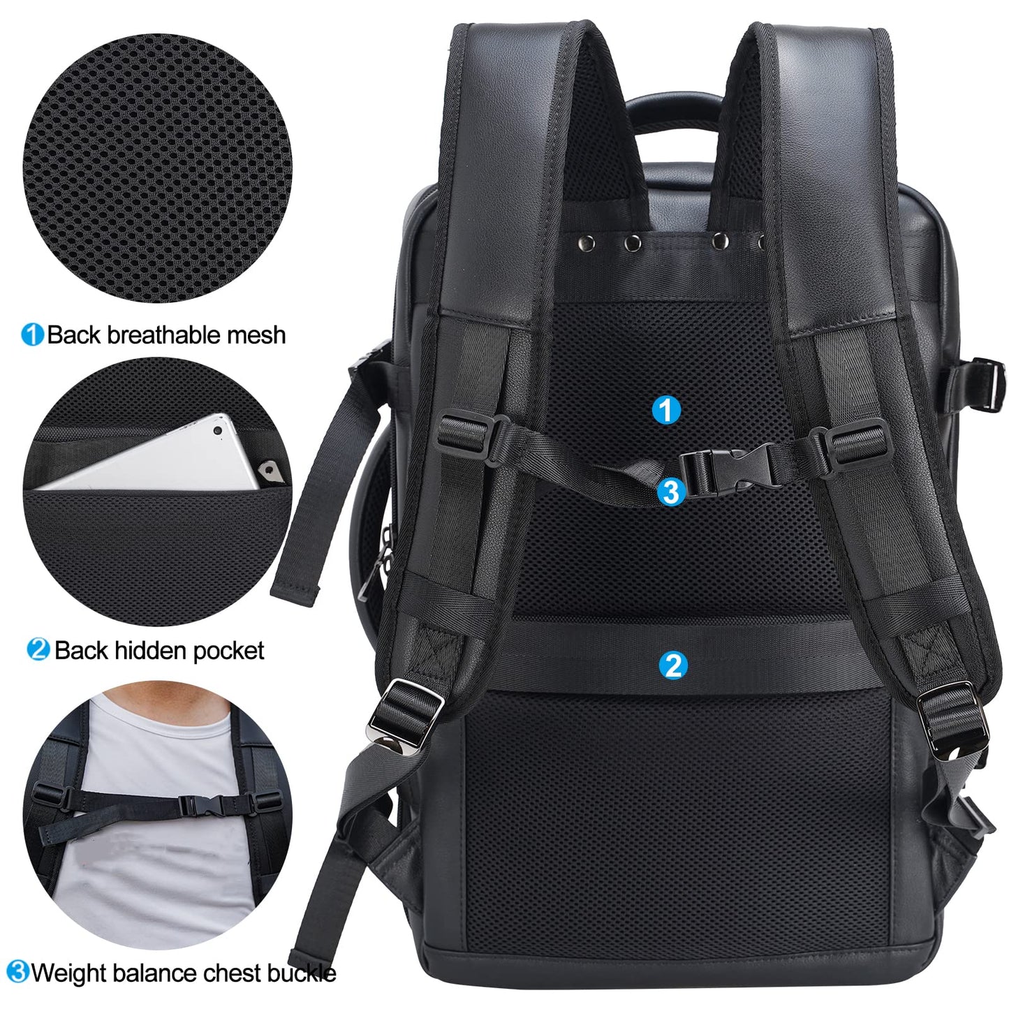 Mochila de cuero para hombre para portátil de 15.6 pulgadas, expandible de 36 L, mochila de viaje de negocios, mochila de transporte escolar, bolsa de fin de semana, Negro -, L, Mochilas Daypack