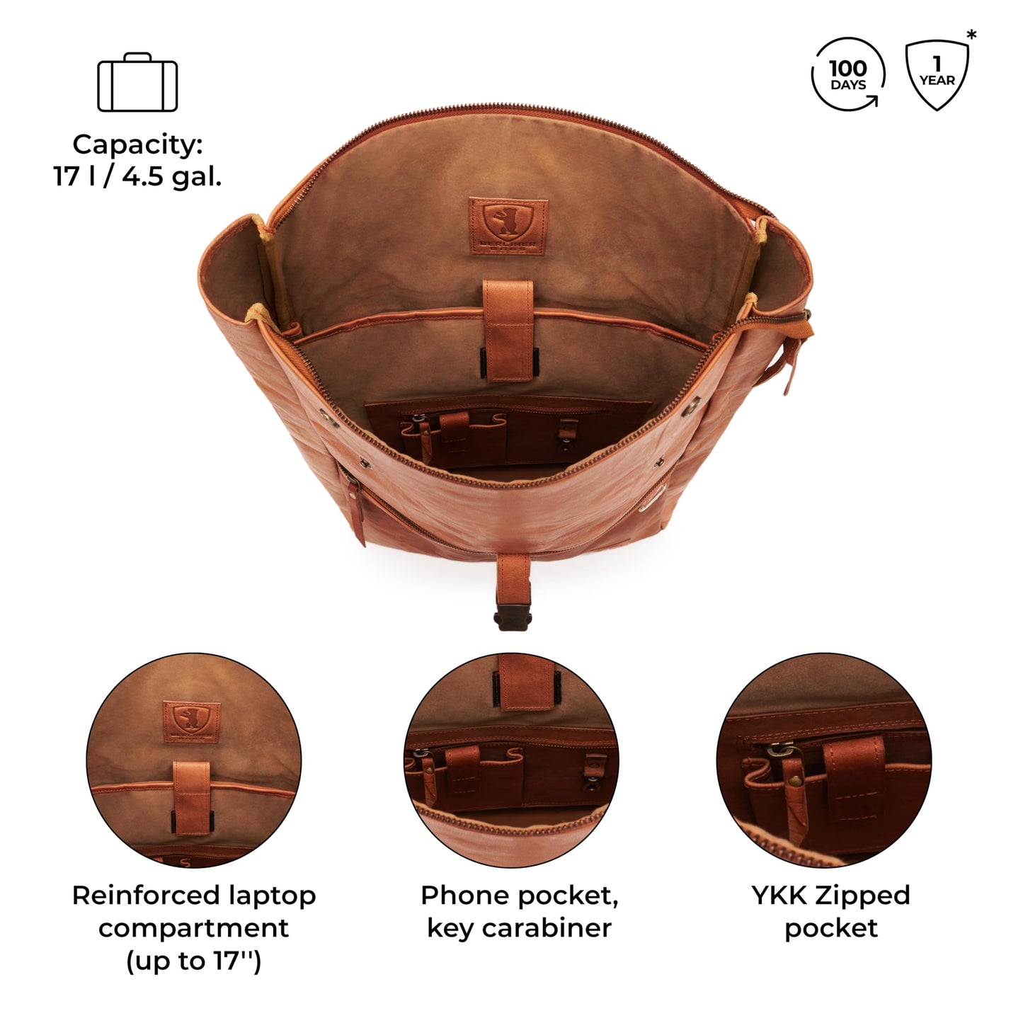 Berliner Bags Mochila de cuero Utrecht Mochila para portátil para hombres y mujeres Marrón Vintage (Marrón XL)