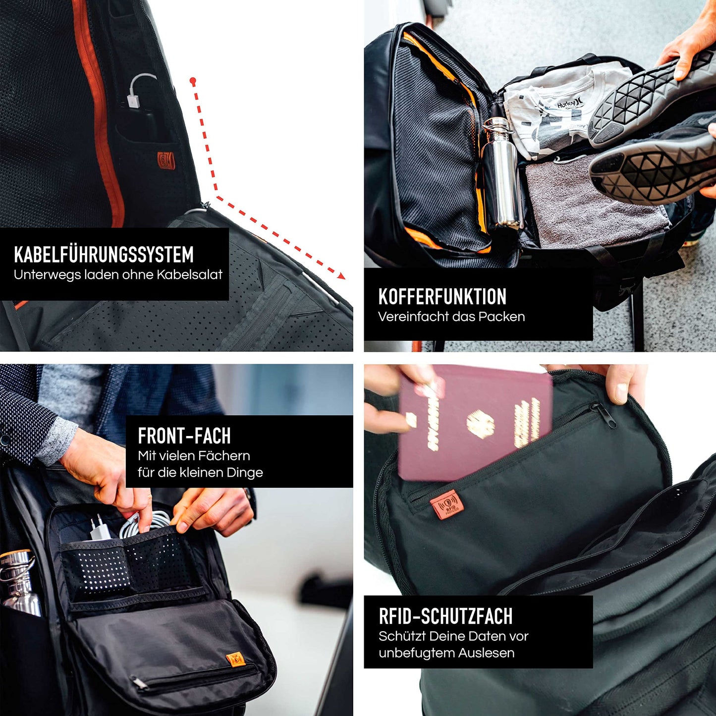 Jaimie Jacobs mochila inteligente con compartimento para portátil de hasta 16,1 pulgadas función maleta ampliable hasta 30 litros (Negro)