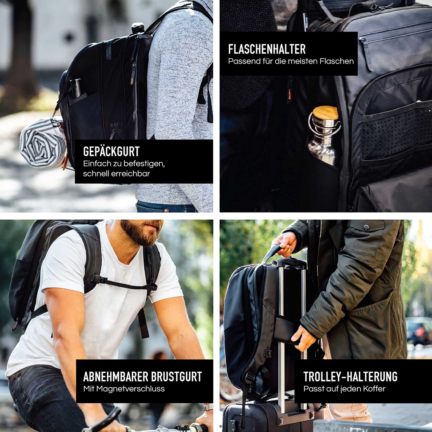 Jaimie Jacobs mochila inteligente con compartimento para portátil de hasta 16,1 pulgadas función maleta ampliable hasta 30 litros (Negro)
