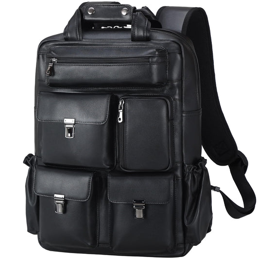 Mochila de cuero genuino para hombre, estilo vintage, 15.6 pulgadas, bolsa para laptop, multibolsillos, mochila de viaje casual, color marrón, Negro -, M, Mochila de viaje con múltiples bolsillos