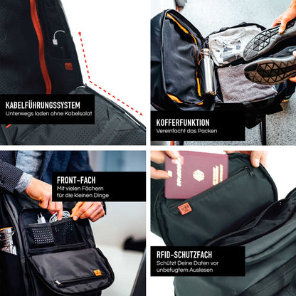 Jaimie Jacobs mochila inteligente con compartimento para portátil de hasta 16,1 pulgadas función maleta ampliable hasta 30 litros (Negro)